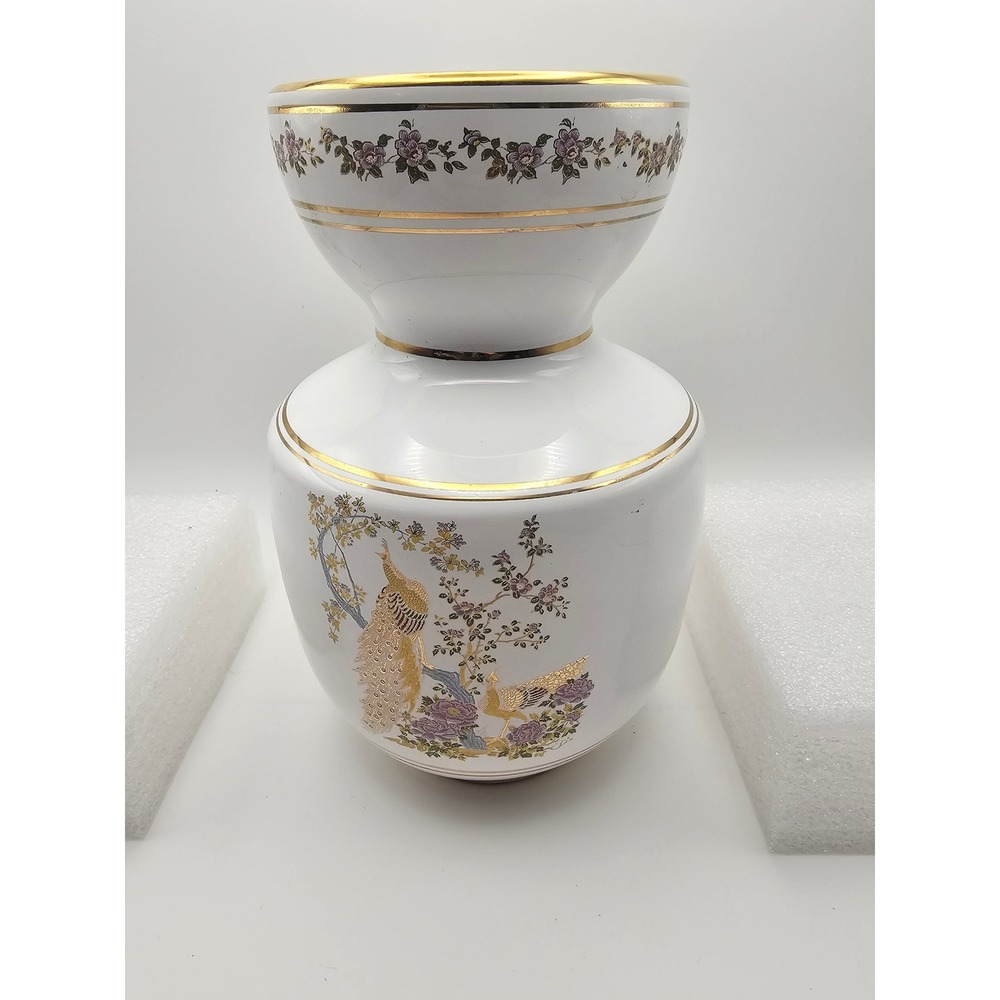 Neofitou Keramik Greece 24K Gold Peacock Porcelain Vase White Floral 6 Inch